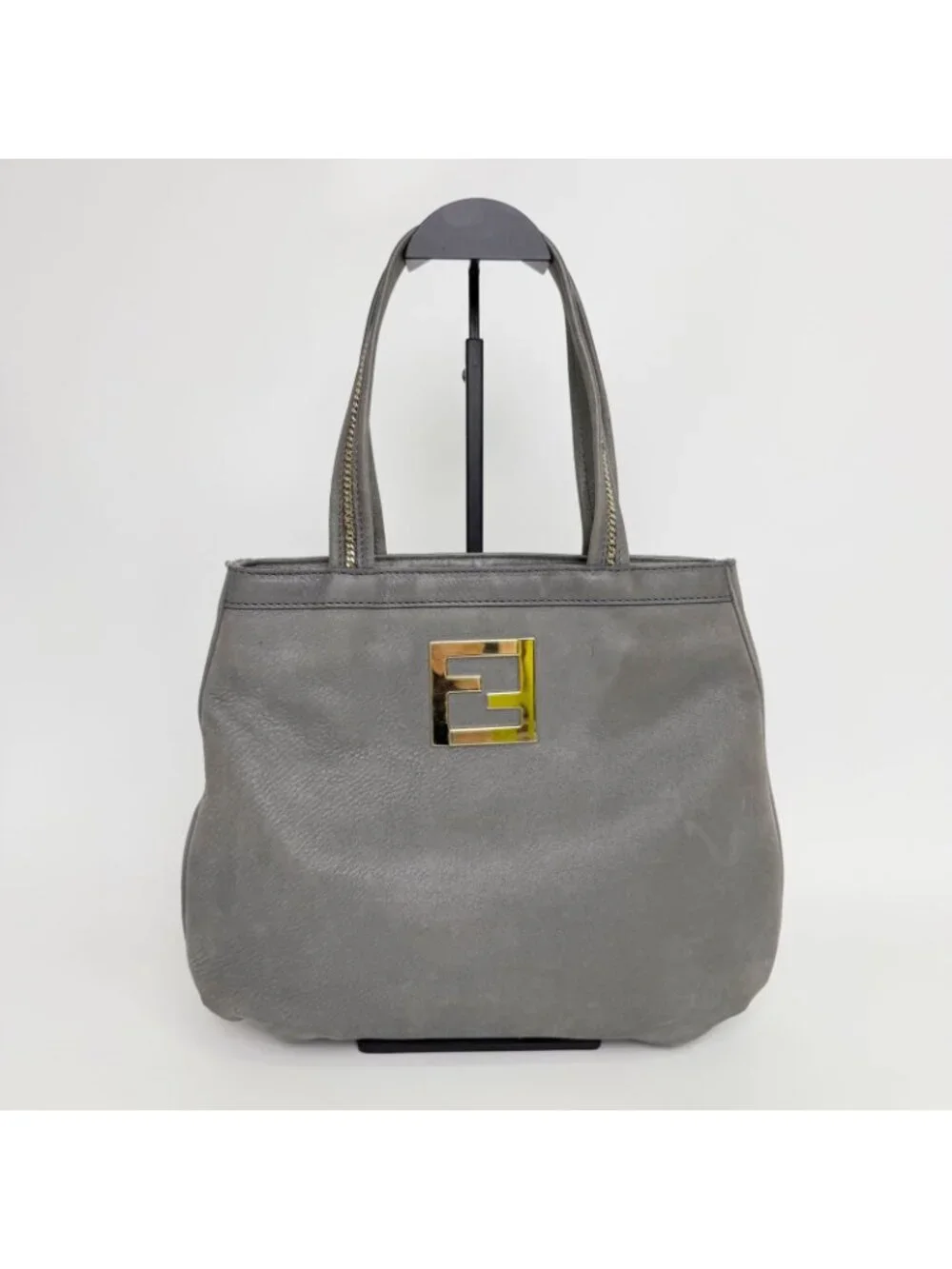 Fendi Nubuck FF Chain Tote Bag Leather Gray Gold Vintage